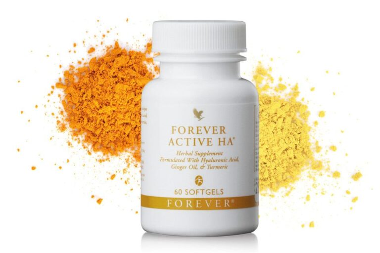 Une bouteille de Forever Active HA avec une poudre jaune à côté.