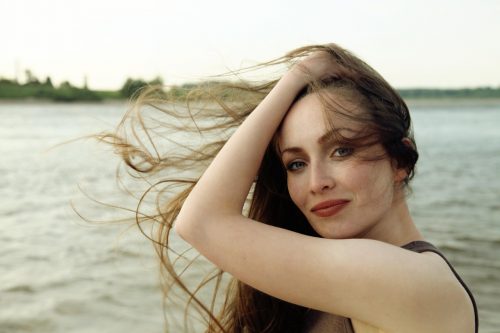 attractive, beautiful, natural, woman, long, flowing, hair, hairs, model, in, wind, windy, hair care, portrait, brunette, makeup, beauty, nature, at, sea